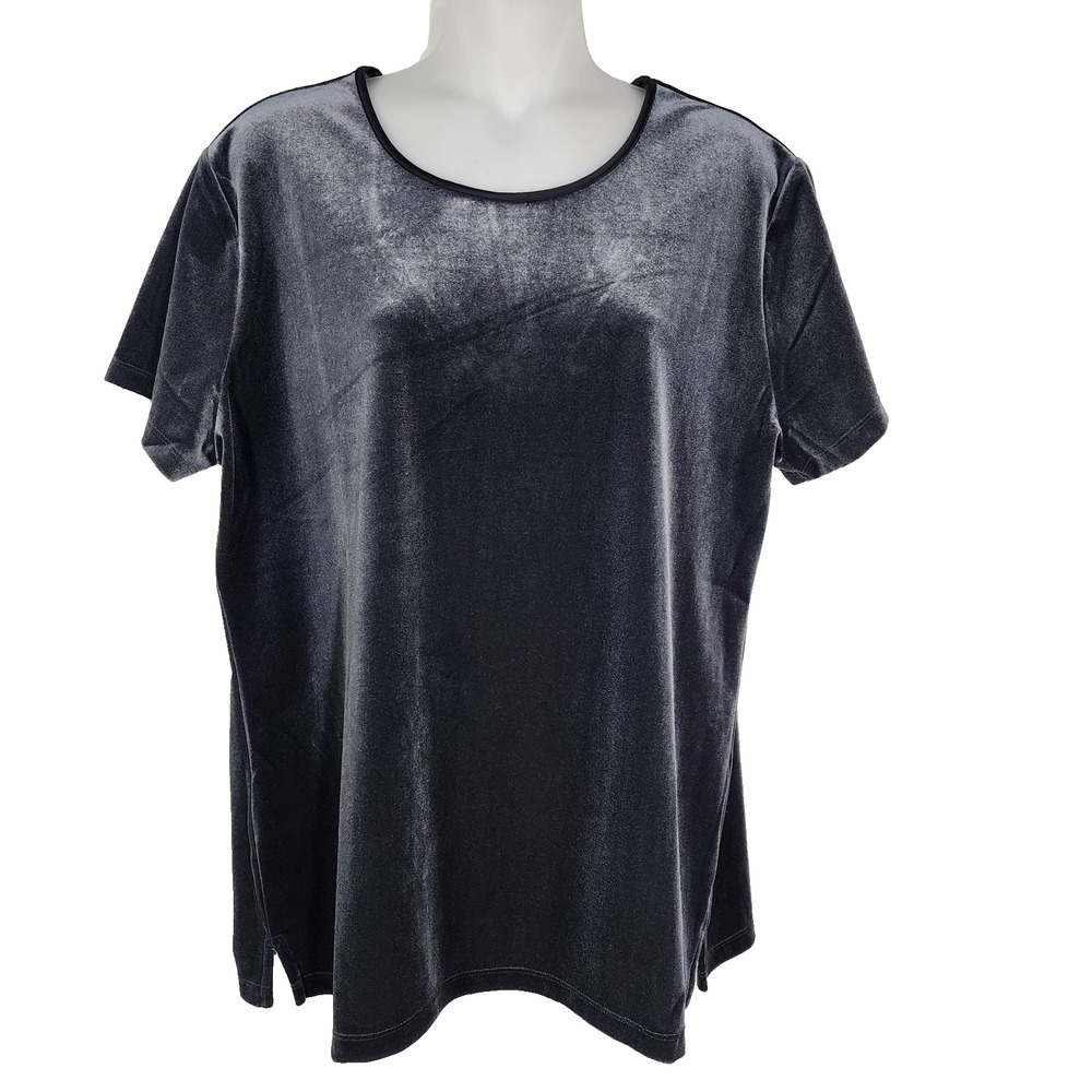 Lands End Top Womens Large Black Short Sleeve Velvet Velour Crew Neck Pullover